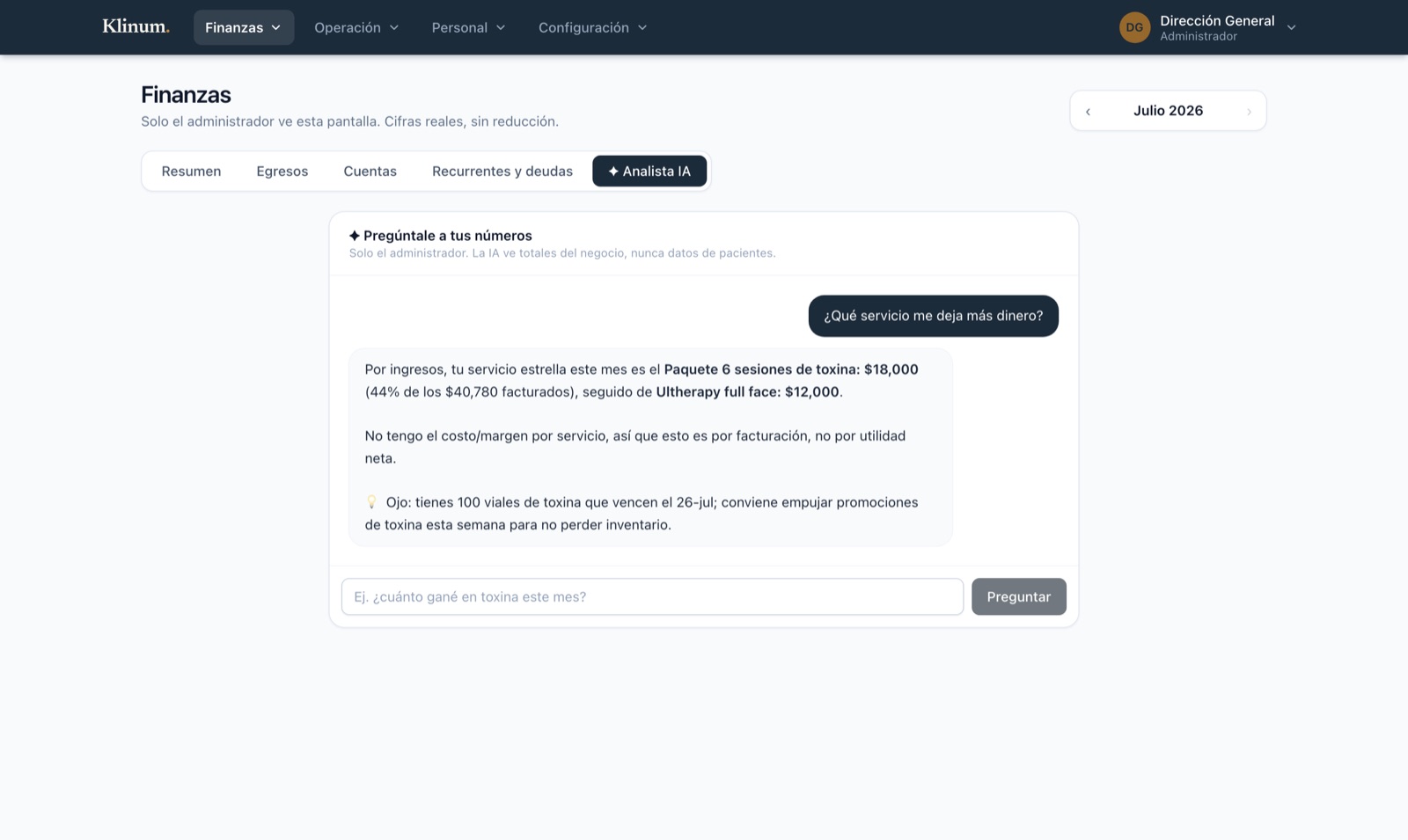 Analista IA respondiendo qué servicio deja más y avisando de viales por caducar
